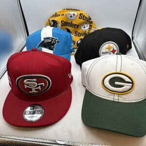Lot of NFL Hats 49'ers Packers Steelers Panthers mostly new era Panthers autogra